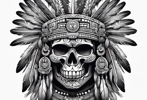 aztec god of death Mictlantecuhtli with long feathers around his head and skull as a head realistic tattoo idea
