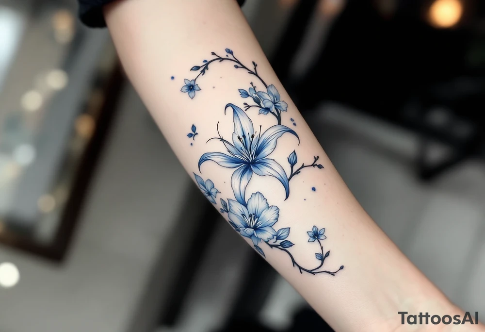 blue spider lily in black and white colours from the anime demon slayer and Cherry Blossoms wrapped around the arm tattoo idea