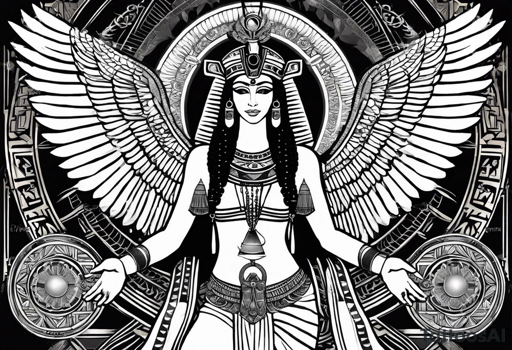 blank and white Egyptian goddess Isis, who is often depicted as a woman with outstretched wings, holding an ankh (a symbol of life) in one hand and a lotus flower in the other. Her headdress often includes a throne or a solar disk. The tattoo design can vary in style and size, but it typically aims to capture the essence of this revered Egyptian deity, emphasizing her beauty, power, and maternal qualities. The choice of colors and additional elements can also be customized to create a unique and visually striking representation of the goddess Isis tattoo idea