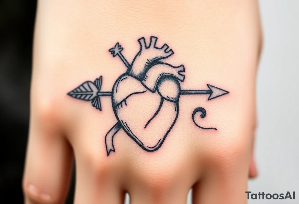 anatomical heart pierced by ornate arrow with flowing ribbons tattoo idea