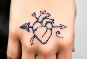 anatomical heart pierced by ornate arrow with flowing ribbons tattoo idea