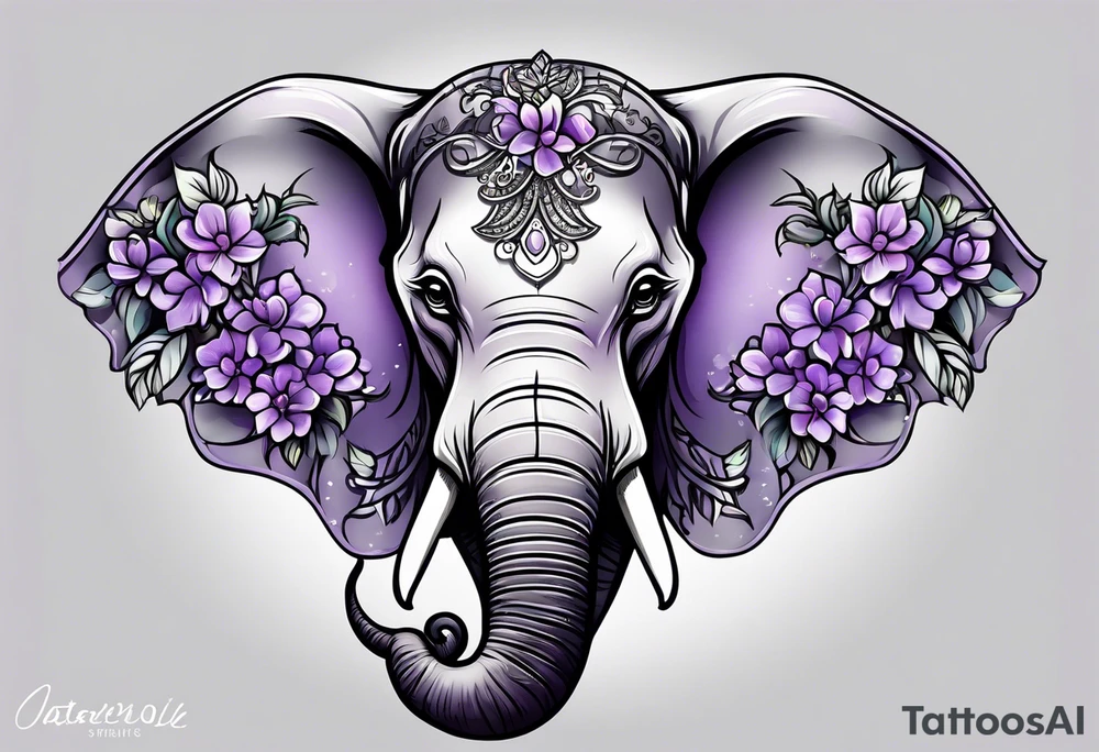 Elephant face covered with lilacs tattoo idea