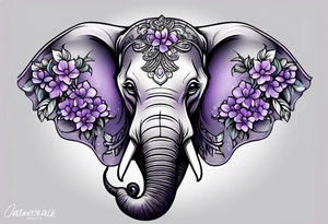 Elephant face covered with lilacs tattoo idea