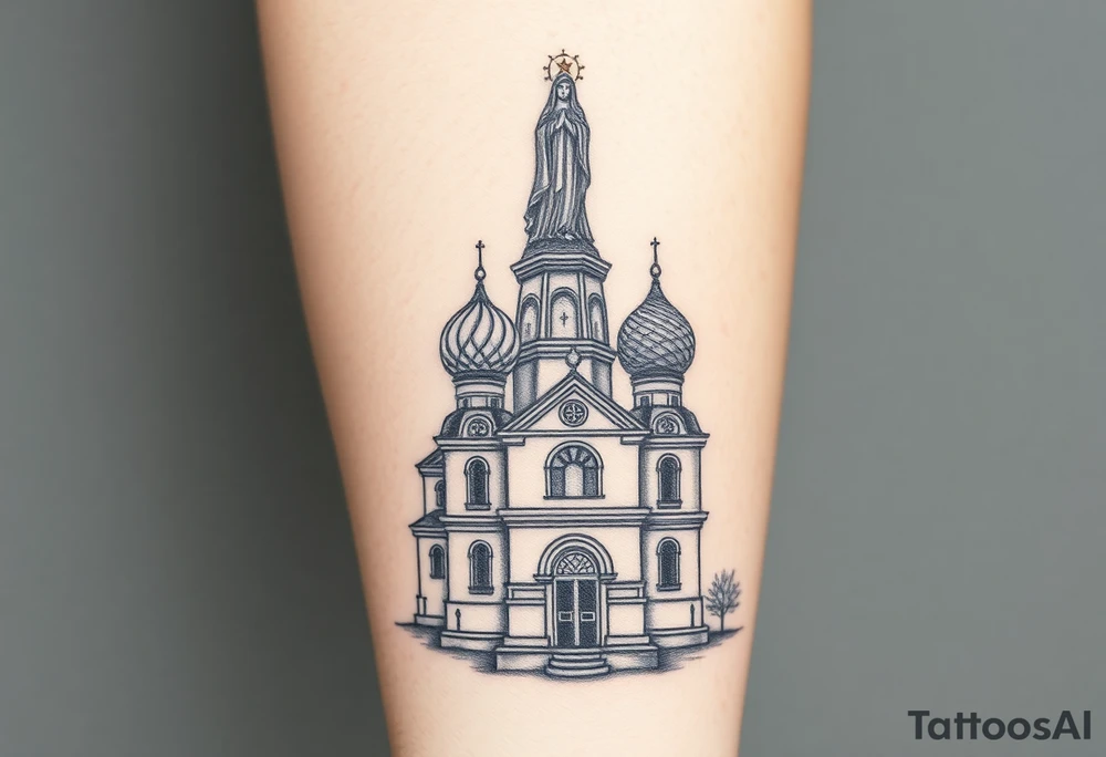 in a dorsal view a detailed orthodox church with onion domes and a band at the front with mist shrouding the top and fading into a virgin mary overlooking above at the top tattoo idea