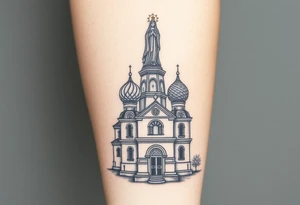 in a dorsal view a detailed orthodox church with onion domes and a band at the front with mist shrouding the top and fading into a virgin mary overlooking above at the top tattoo idea