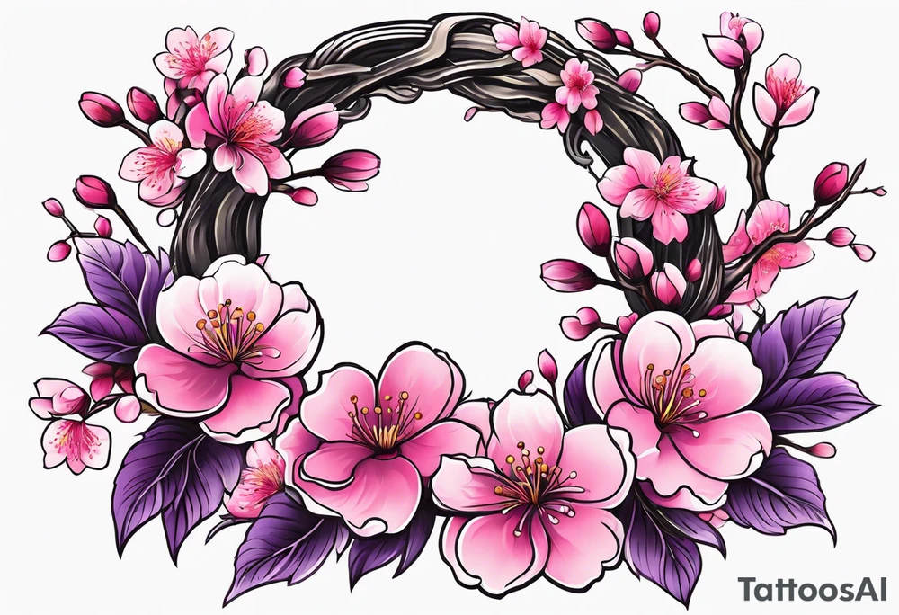 Flower wreath cherry blossoms lots of pinks and purples tattoo idea
