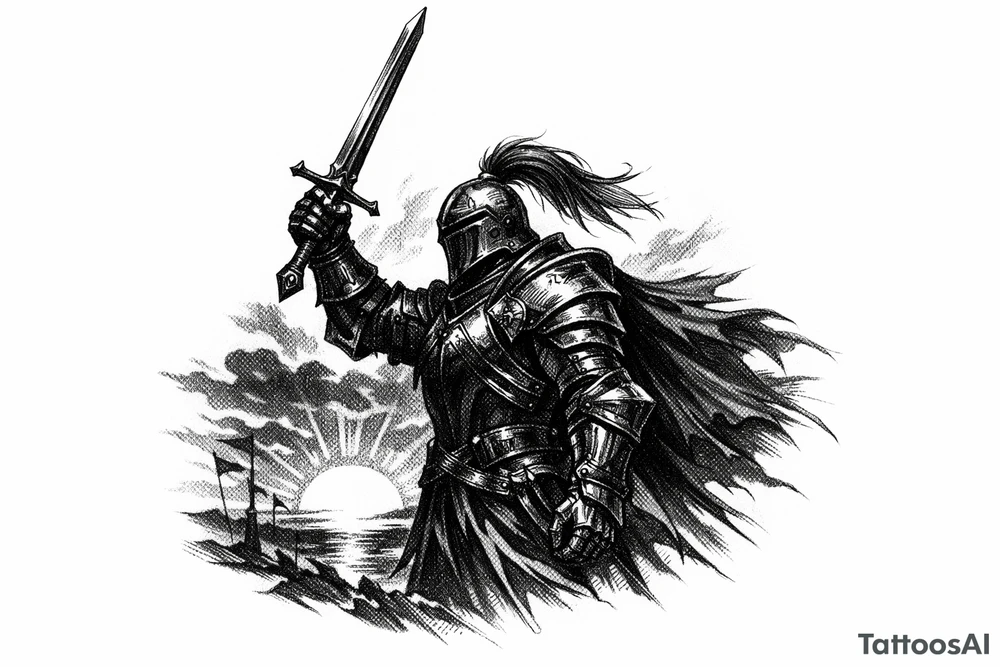 Knight in full ornate armor, sword held high, silhouetted against a dramatic sunset. tattoo idea