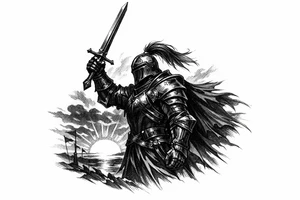 Knight in full ornate armor, sword held high, silhouetted against a dramatic sunset. tattoo idea