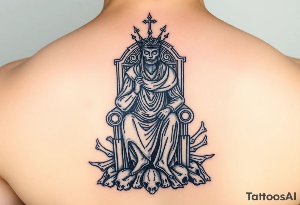The king in yellow sitting on his throne of bones tattoo idea