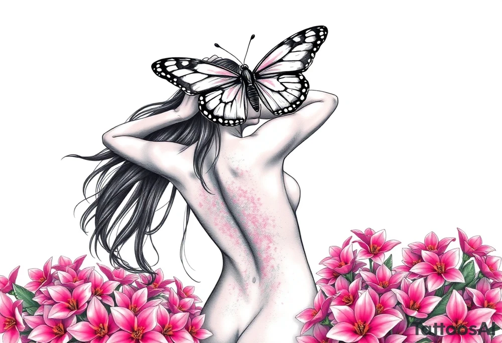 Women whos hands are to her ears with her long hair flowing in the wind and dow. Her back while the is kneeling naked on her knees in a beautiful garden surrounded by pink plumeria surrounding her the women has both arms up with her hands covering both her ears and above her a big beautiful butterfly that's right above her head that half the butterflys wings covers her eyes like a blind fold and her lips and sown shut tattoo idea