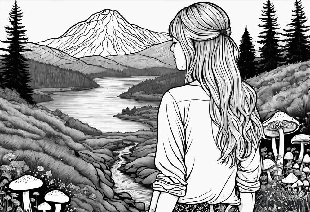 Whole picture encircled fully

Straight long blonde hair hippie girl in distance holding mushrooms in hand facing away toward mountains and creek surrounded by mushrooms long sleeve shirt and hiking pants; whole rendering within a full circle, no cut off circle tattoo idea