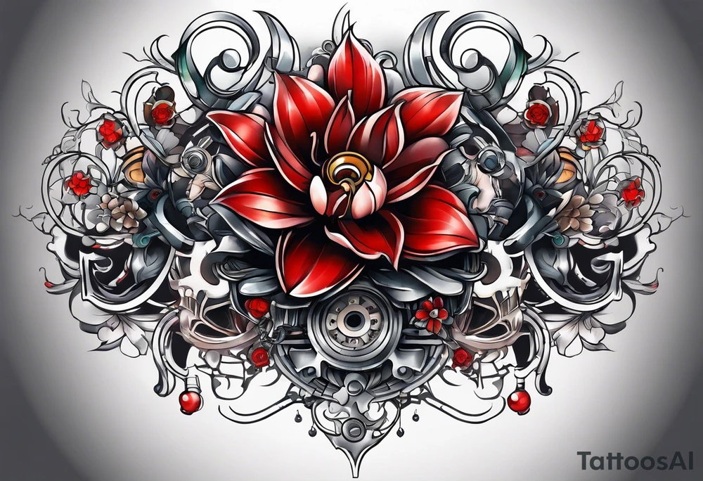 Mechanical flowers with red accents tattoo idea