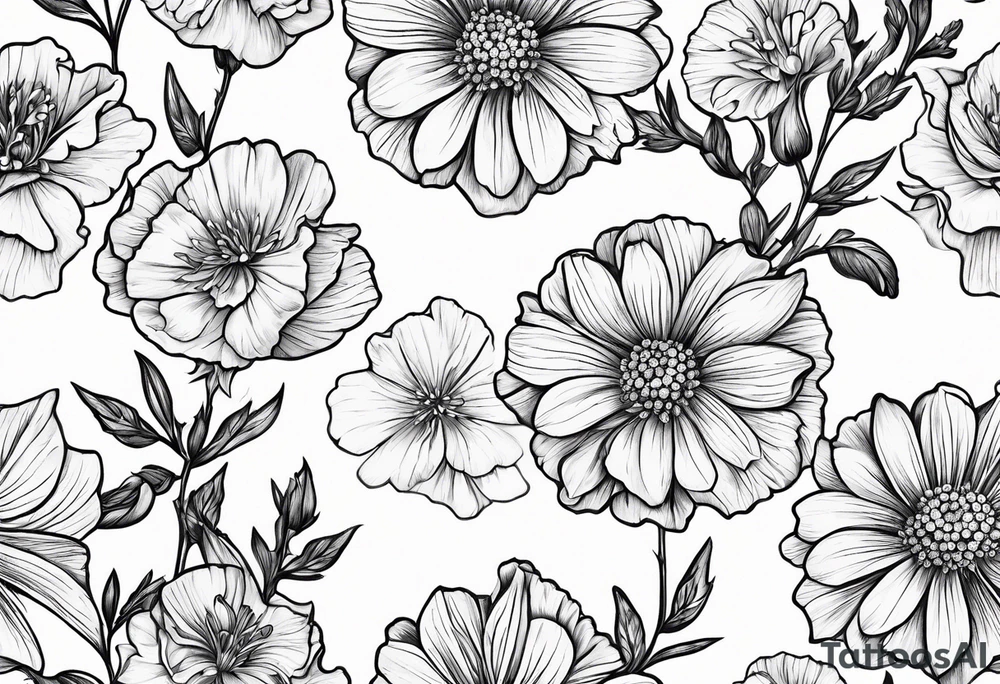 Simple Tattoo of larkspur, stemmed carnation, stemmed violet, stemmed daisy tattoo idea