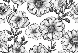 Simple Tattoo of larkspur, stemmed carnation, stemmed violet, stemmed daisy tattoo idea