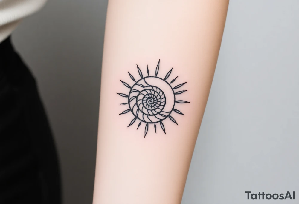 Fibonacci spiral shell inside of painted sun tattoo idea