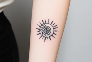 Fibonacci spiral shell inside of painted sun tattoo idea