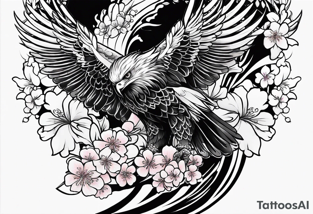 traditional horimono tattoo. 
leg sleeve with the following elements: hawk and cherry blossoms tattoo idea