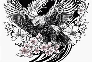 traditional horimono tattoo. 
leg sleeve with the following elements: hawk and cherry blossoms tattoo idea