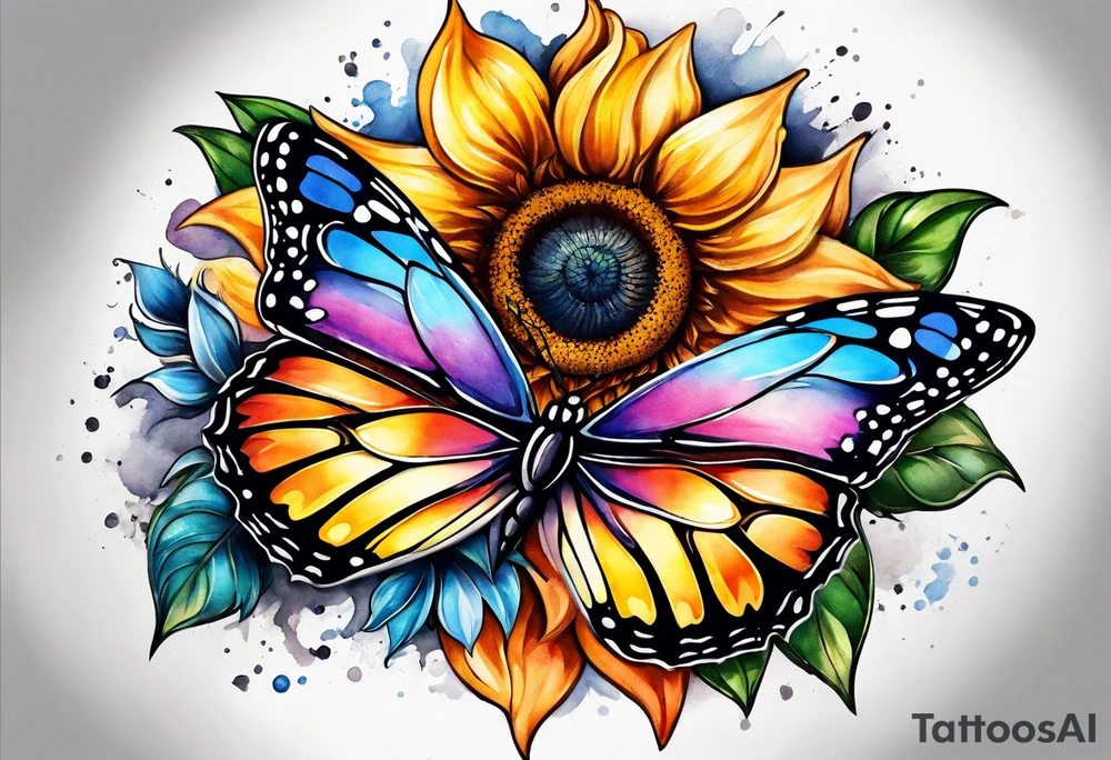 Half sunflower half butterfly tattoo idea