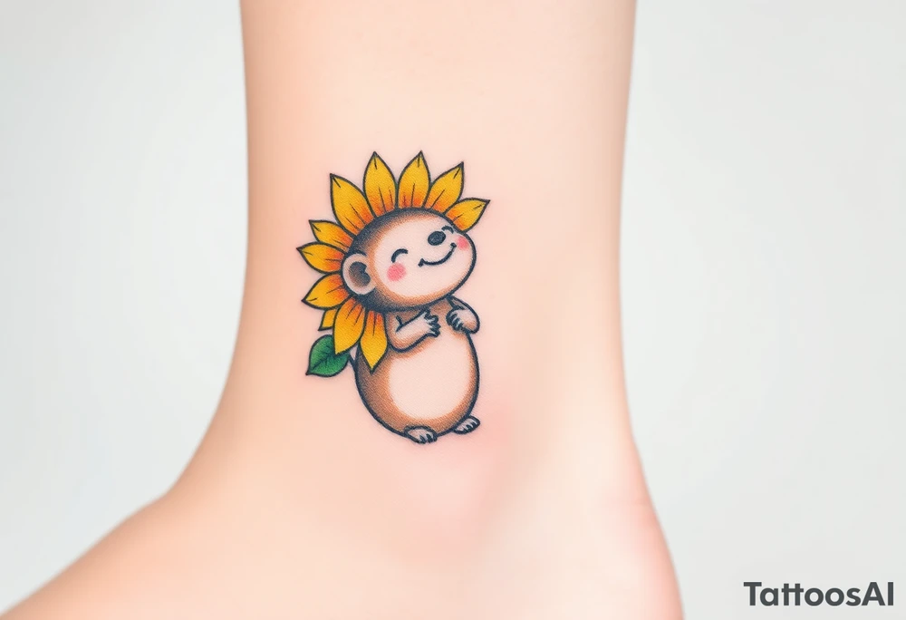 A joyful mole wearing a sunflower as a hat, with warm yellows, deep greens, and soft brown tones tattoo idea