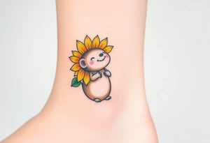 A joyful mole wearing a sunflower as a hat, with warm yellows, deep greens, and soft brown tones tattoo idea