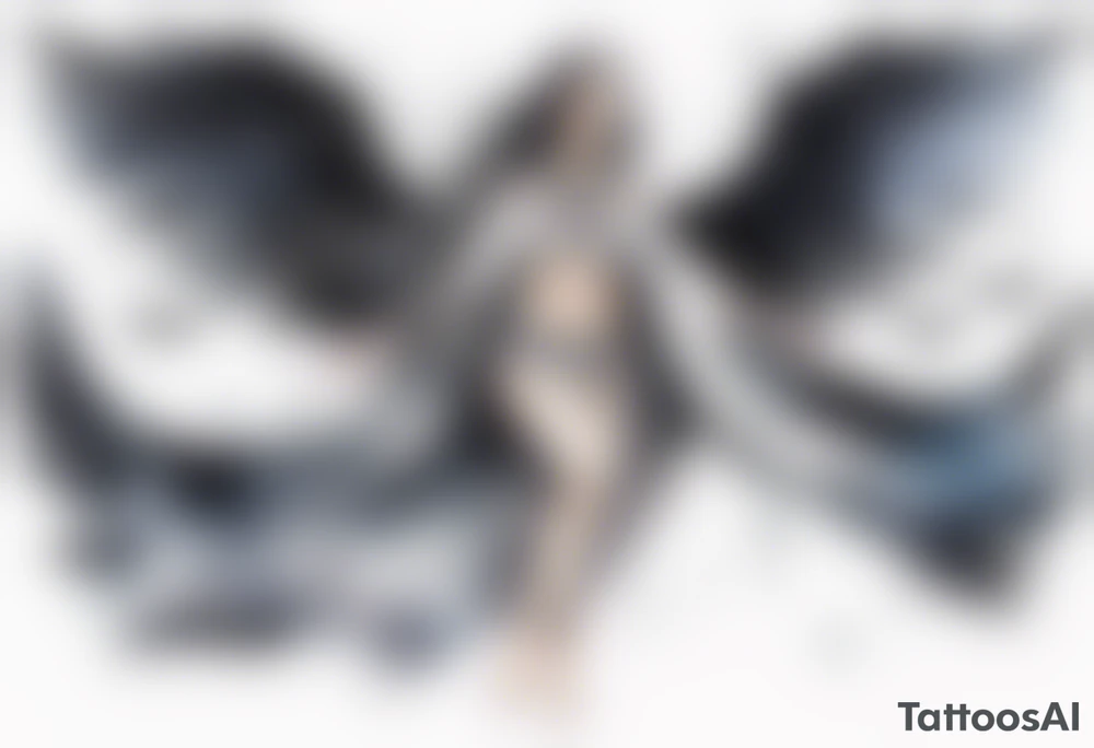 a beautiful 45 year old woman flying in the night sky with black wings, wearing a black and white cloak, bare feet tattoo idea