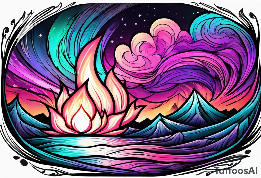 Pink purple teal Bonfire flames turning into northern lights tattoo idea