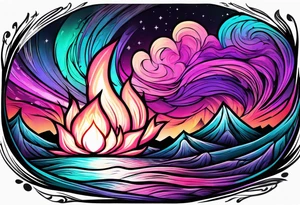 Pink purple teal Bonfire flames turning into northern lights tattoo idea