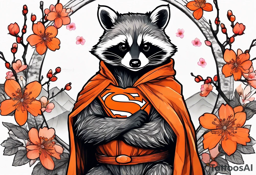 raccoon wearing a black and white Superman hoodie and orange Japanese cherry blossoms tattoo idea