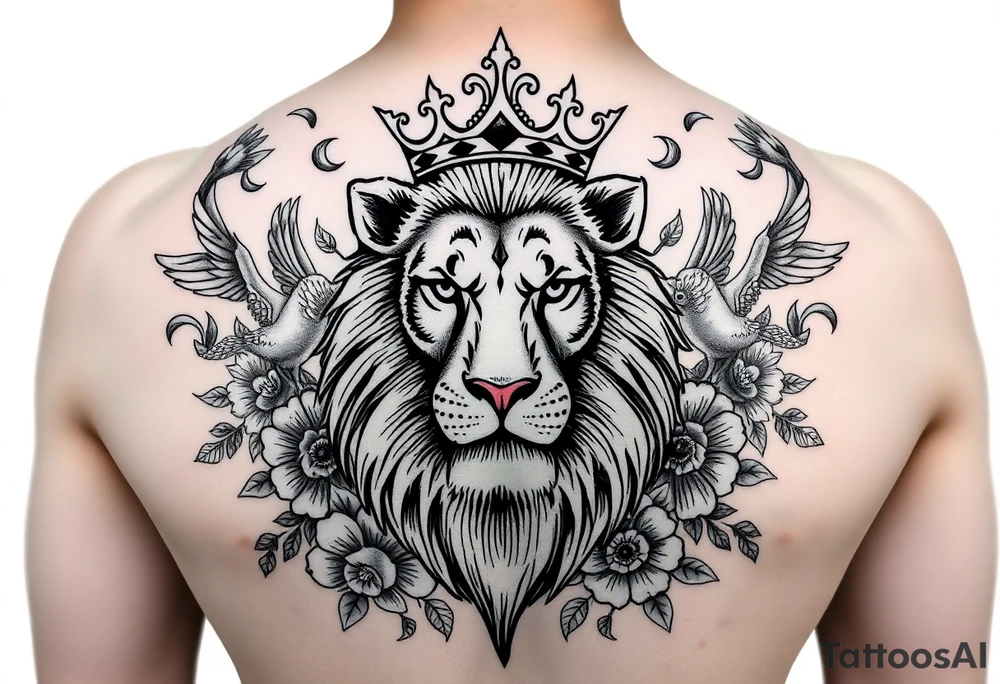powerful majestic lion with a crown, surrounded by floral ornaments and birds tattoo idea