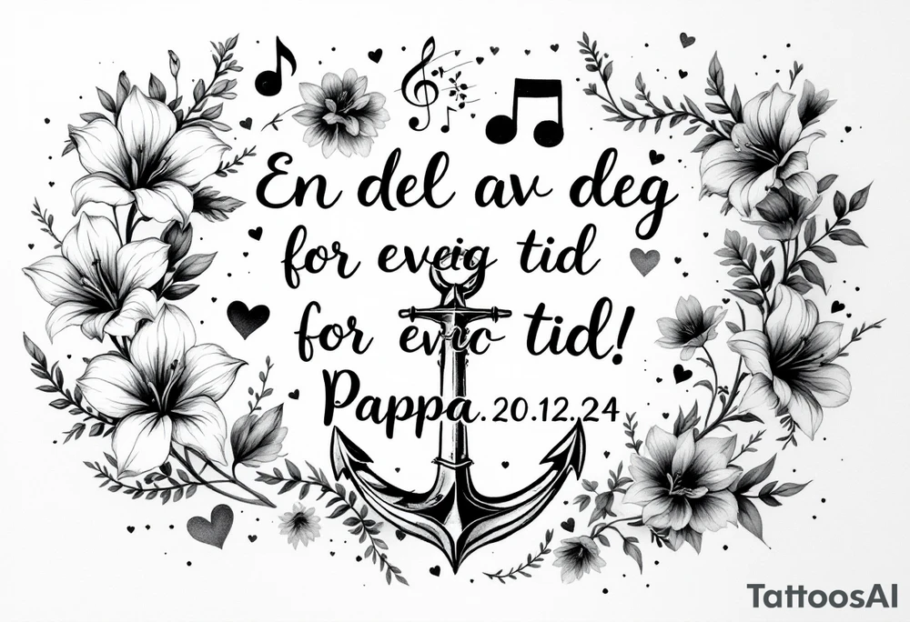 make a quote that says "En del av deg for evig tid! Pappa, 20.12.24" Surrounded by gladiolus, music notes, hearts and an anchor tattoo idea