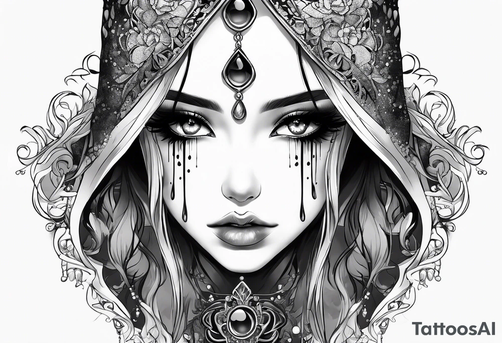 Anime girl face eyes dripping black tears tattoo idea