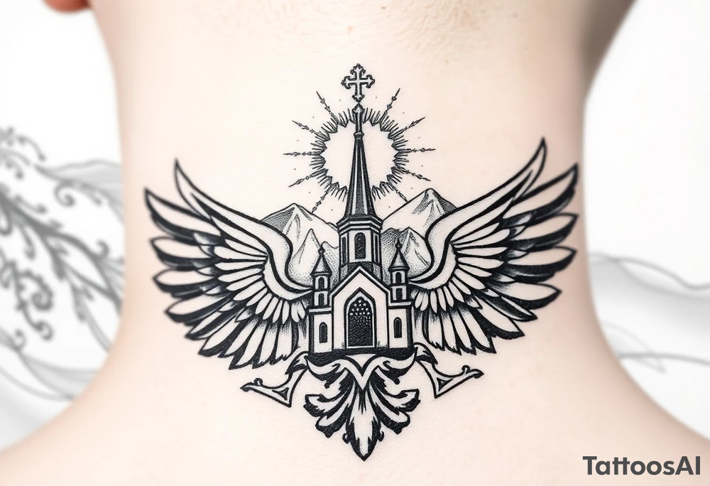 russian coat of arms with both heads visible & wings with an orthodox christian church being visible in a mountainous sun beaming setting, with the russian orthodox cross spire of the orthodox church being visible with a sun beaming in the background that the cross sits inside tattoo idea