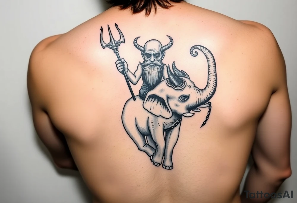 An insanely weird wild crazy man with the biggest eyes I’ve ever seen bulging out of his head with a long beard and bald head and goats horns riding on the back of a miniature elephant no bigger than  HIPPOPOTAMUS holding the devils trident in 1 hand and the other hand holding a chain that’s around the ELEPHANTS neck hanging on as if his life dependent on it the ELEPHANT having HUGE alien eyes bulging out of its head with giant goats horns on it expressing its dislike for people tattoo idea