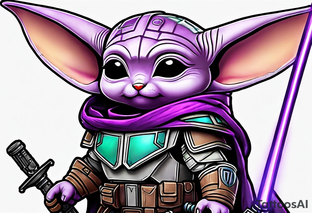Baby grogu wearing mandalorian armor and a purple lightsaber tattoo idea