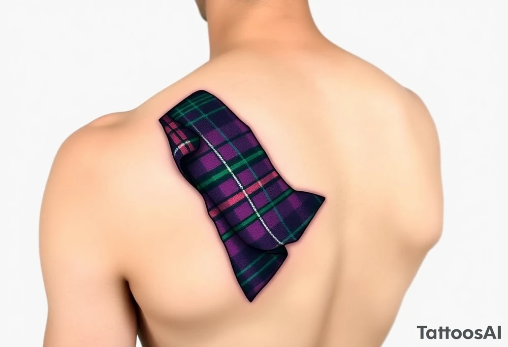 Dark Purple with green pink blue and white highlights tartan fabric with skin around edges peeling and wrapping around side of shoulder tattoo idea