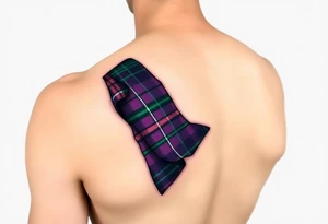 Dark Purple with green pink blue and white highlights tartan fabric with skin around edges peeling and wrapping around side of shoulder tattoo idea