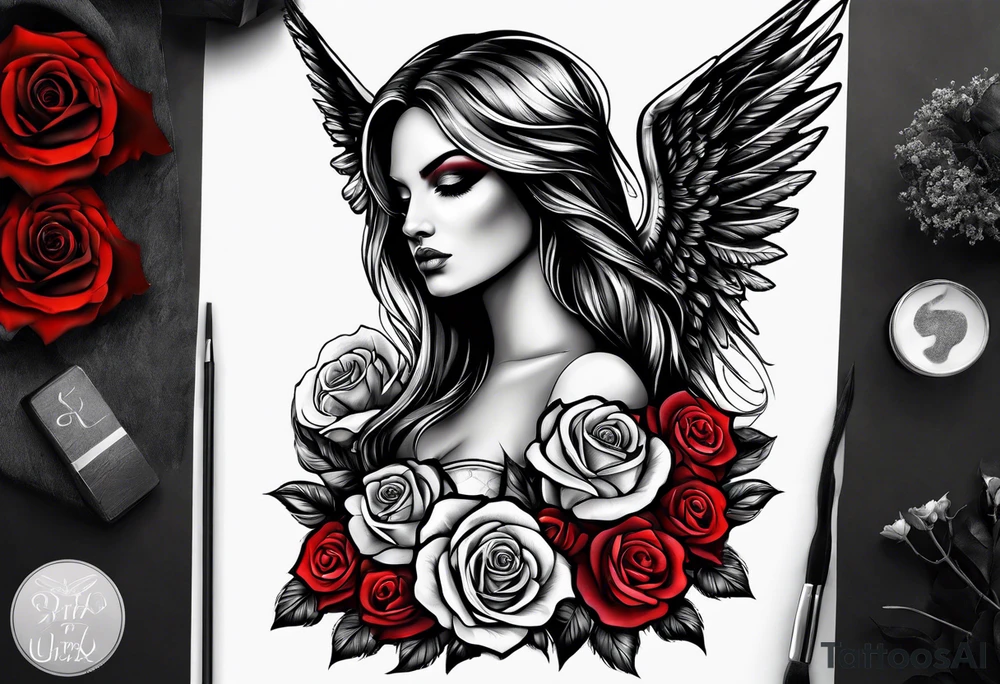 Angel of death with colored roses tattoo idea