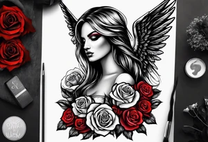 Angel of death with colored roses tattoo idea