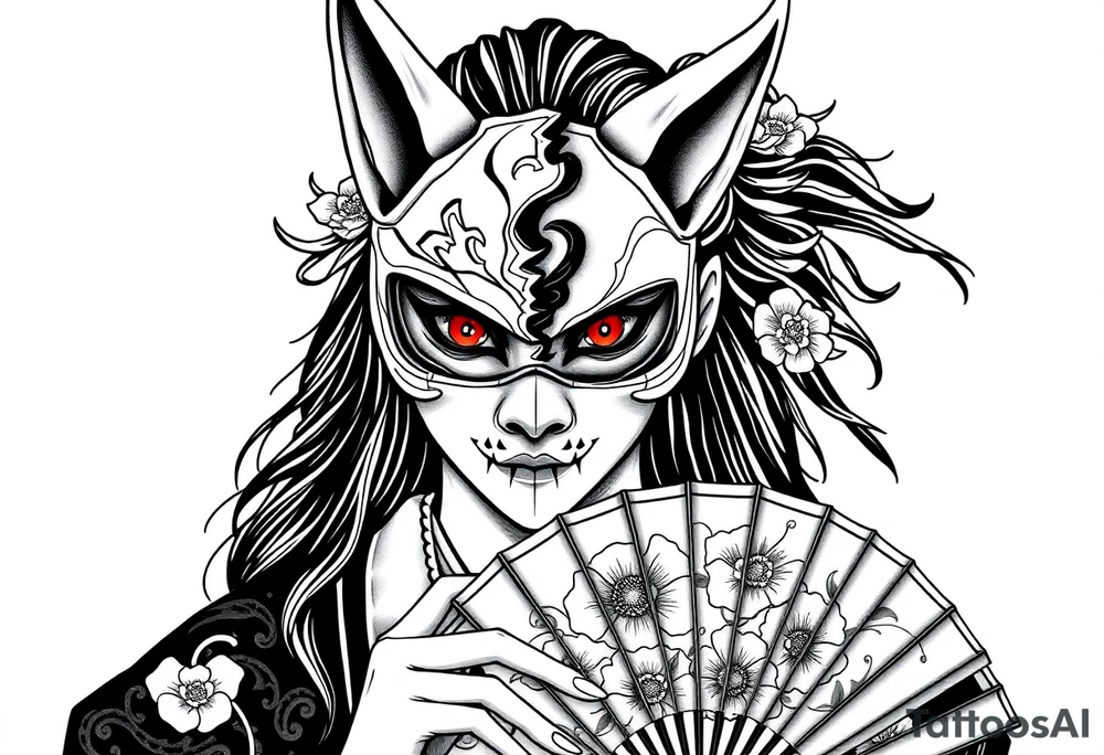 Woman samurai with red eyes wearing an half and broken kitsune mask, holding a japanese fan with belamcada flowers tattoo idea