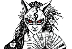 Woman samurai with red eyes wearing an half and broken kitsune mask, holding a japanese fan with belamcada flowers tattoo idea