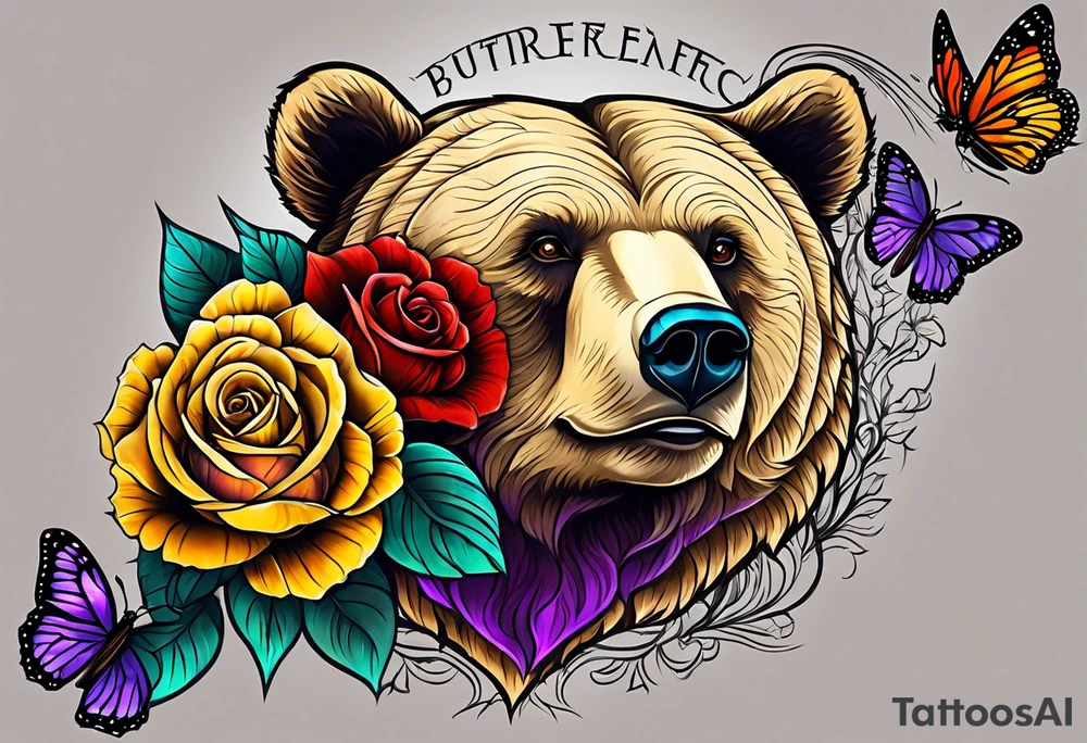 Bear under the tree of life with yellow, purple, and red colored roses and three butterflies for an upper arm tattoo. tattoo idea
