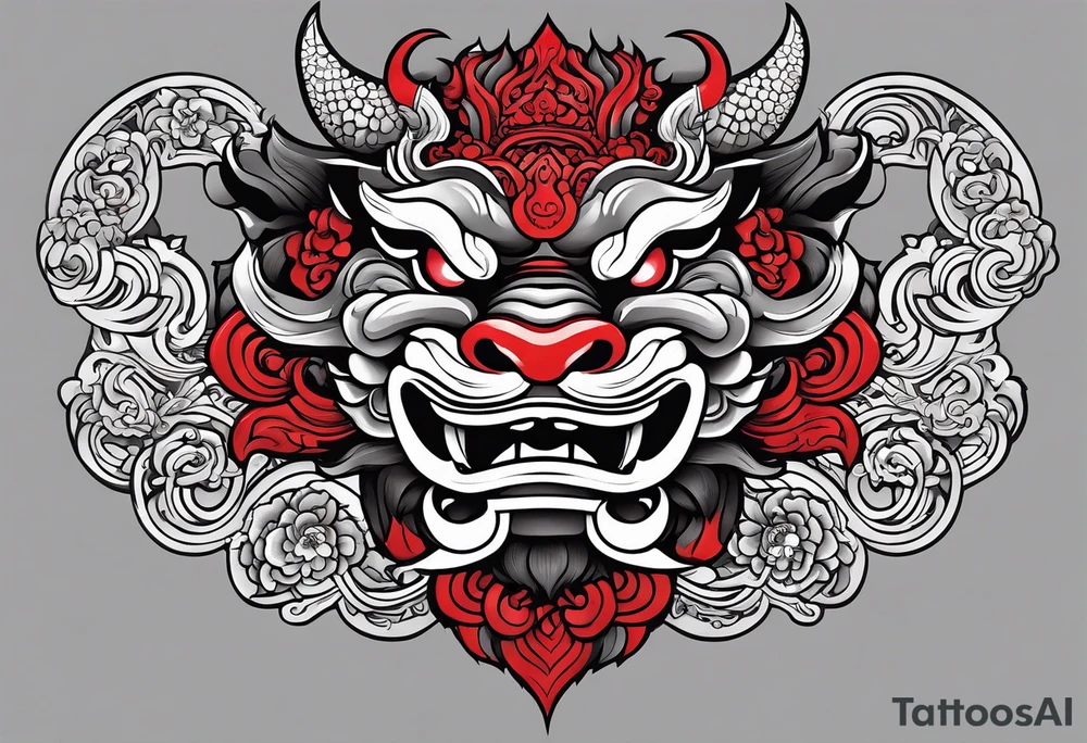 Black and white, grey with red and scarlet accent. Japanese Shisa Okinawa, Thai yak/giant and Thai naga. Image of protection. tattoo idea