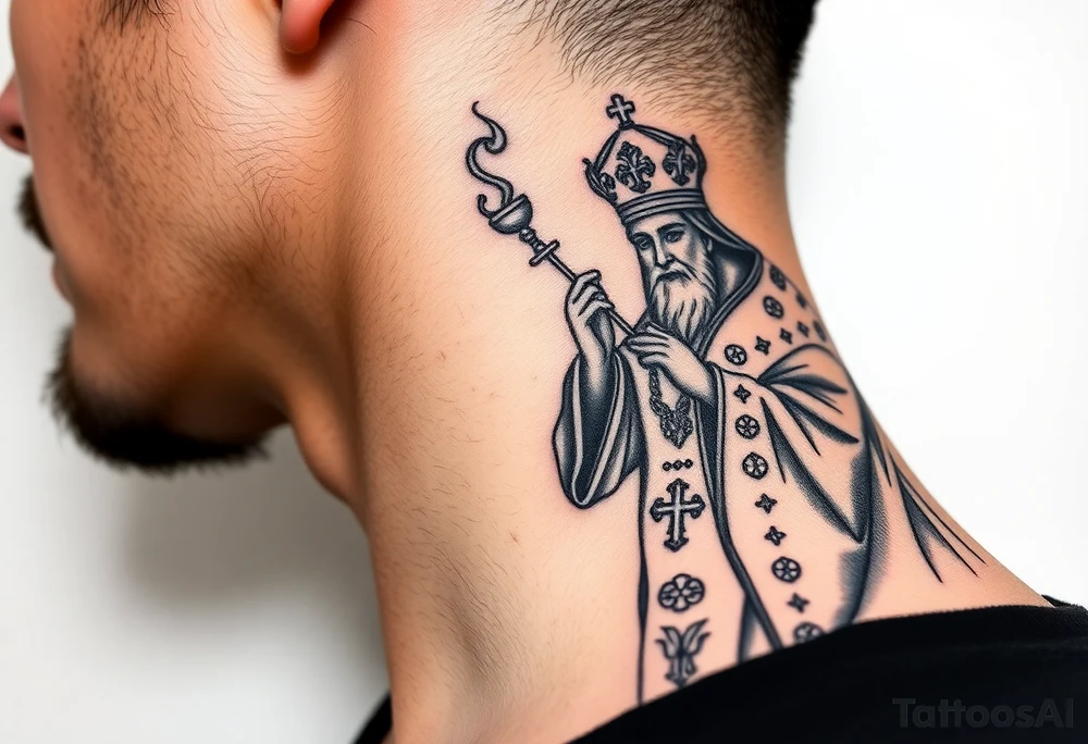 Russian Orthodox Priest in a fully detailed gold vestment swinging a censer with smoke curling upward tattoo idea
