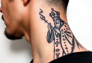 Russian Orthodox Priest in a fully detailed gold vestment swinging a censer with smoke curling upward tattoo idea