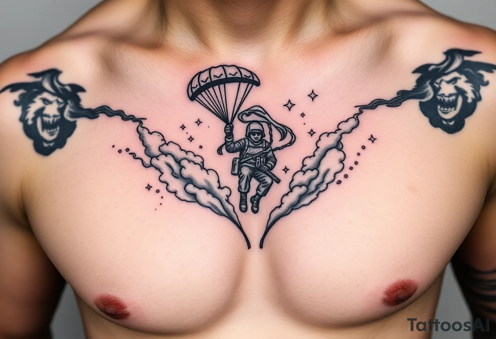 A parachuting soldier falling into an open book. Chaos surrounding, but the book is protecting the soldier from it. On the chest. Make the tattoo smaller. Make it thought provoking. Make the chaos in the environment be an eerie mist. Make the pages in the book be blank. Just one soldier, no other characters. the book is old. tattoo idea