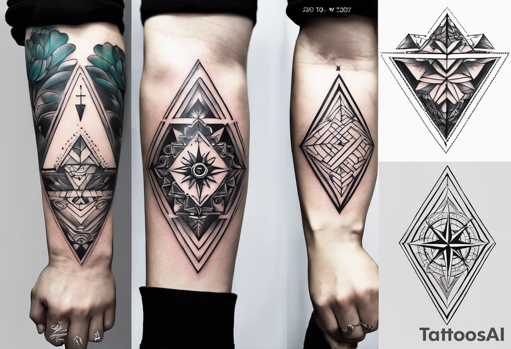 Fine line tattoo in the left forearm on the bottom side. The tattoo will have three shapes placed in a triangle formation. The top shape will be a geometric heart that symbolizes health. The bottom left will have a compass rose as a symbol for purpose. The bottom right will have three circles placed in a triangle formation to symbolize family. Tattoo should be minimalist with just the shapes filled in and no ornaments tattoo idea