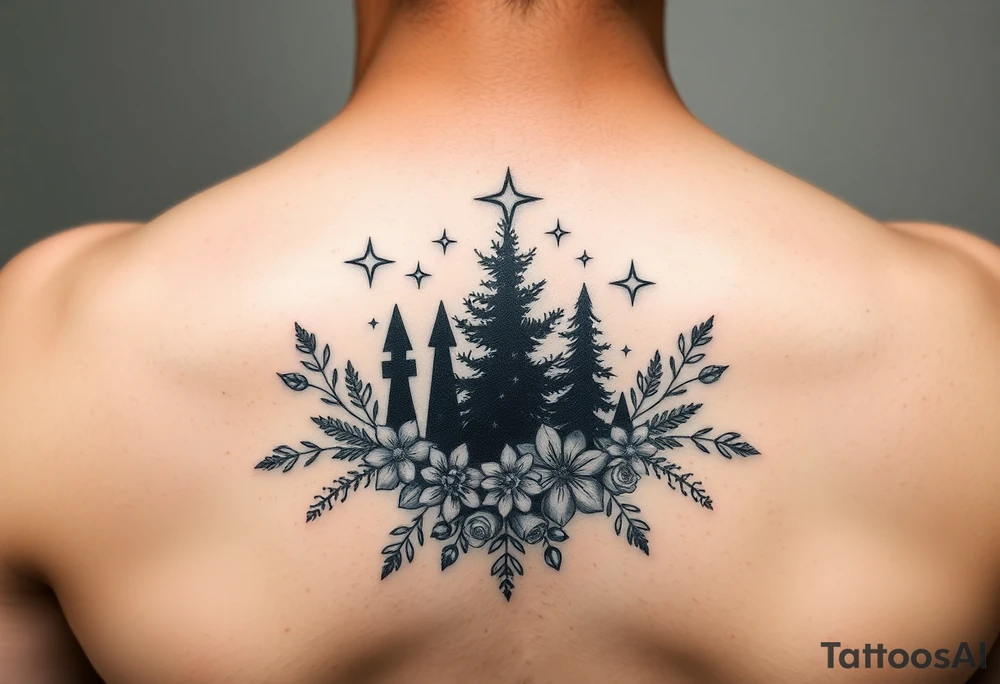 silhouettes of christmas and winter elements surrounded by floral ornaments and stars tattoo idea