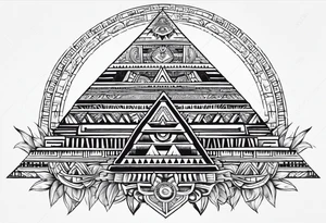 aztec sun background with pyramid in front with two aztec warriors on each side tattoo idea