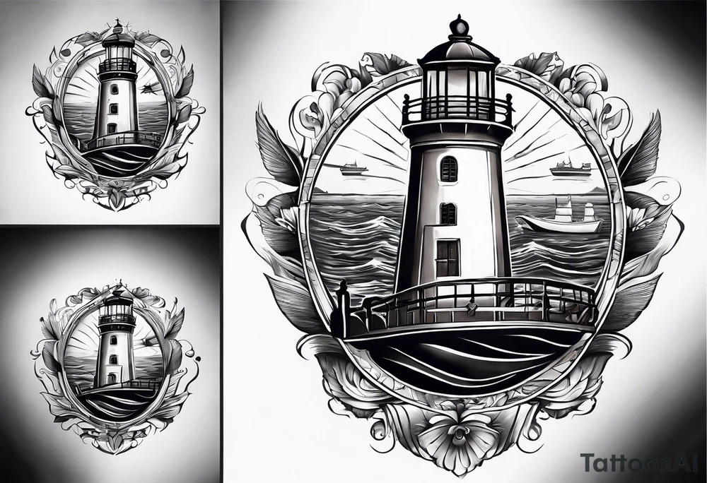 This tattoo captures the essence of Odessa's maritime charm, featuring a steering wheel symbolizing navigation through life's journey, a lighthouse representing guidance and stability, the iconic Potemkin Stairs symbolizing historical ascent, the vast sea embodying freedom, and the grand Opera House depicting cultural elegance. tattoo idea